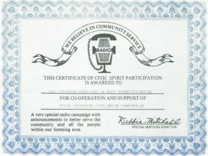 Certificate of civic spirit participation on display