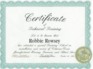 A certificate of technical training for robbie roosey.