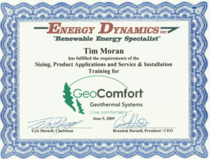 Tim moran's certificate for the installation of geothermal heating and cooling systems.