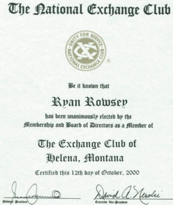 Certificate of National Exchange Club on display